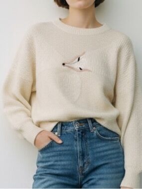 Vintage Spirit Cream Embroidered Fox Sweater Angora Lambswool Whimsical Knit